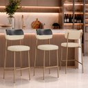 Ver imagem 1 de Kit 3 Banquetas Baixa Sala de Jantar Lisa Pés Champanhe Linho/PU Bege/Preto m² - Monari Design