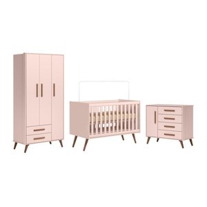 Conjunto Infantil Retrô Rosa Orion: Berço Orion Mini Cama + Guarda-roupa Orion + Cômoda Orion