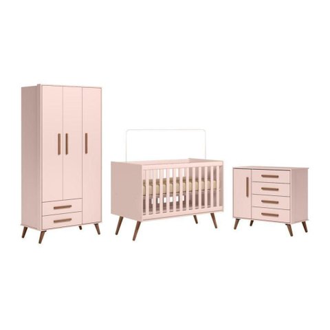 Conjunto Infantil Retrô Rosa Orion: Berço Orion Mini Cama + Guarda-roupa Orion + Cômoda Orion