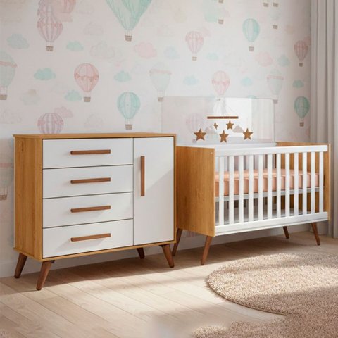 Quarto Bebê Infantil Q Encanto Berço Vira Cama e Comoda Sapateira 1 Portas 4 Gavetas Retrô Qmovi