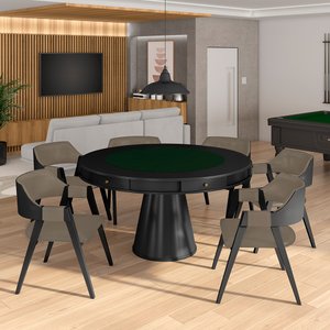 Conjunto Mesa de Jogos Carteado Bellagio Tampo Reversível e 6 Cadeiras Madeira Poker Base Cone Pu Nu