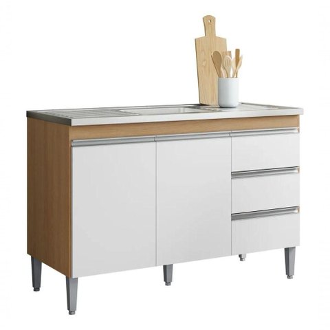Balcão de Cozinha para Pia Andréia 120cm 2 Portas 3 Gavetas sem Tampo Amêndoa/branco