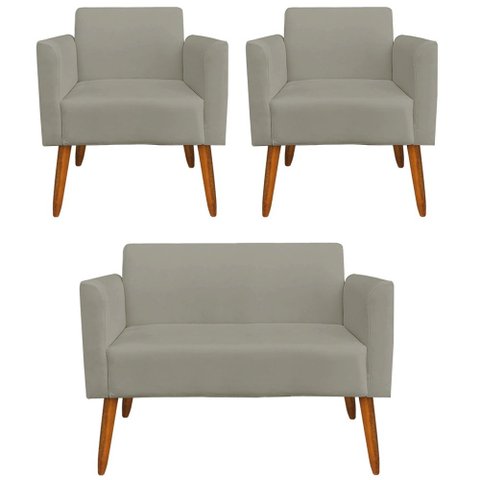 Conjunto Namoradeira e 2 Poltronas Decorativas Isabella Pés Palito Madeira Suede Nude - Gran Belo