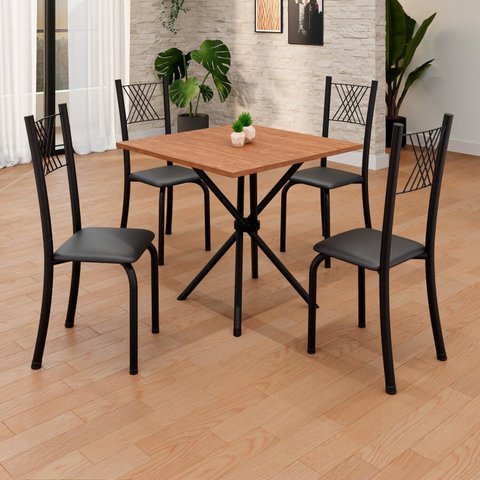 Conjunto de Mesa Tubular 70x70cm Tampo em MDF 4 Cadeiras Sara Preto/Liso/Txt