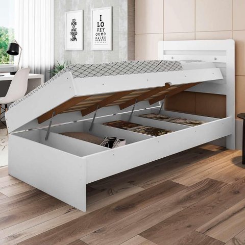 Cama Baú Solteiro Larissa 4 Repartições Branco