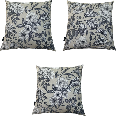 Kit 3 Almofadas Cheias Waterhavana Impermeável Área Externa Flor Branca Folhas Pretas 43CMX43CM