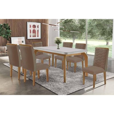 Sala Jantar Mesa Londrina Tampo C/ Vidro Curvo 180cm+6 Cadeiras Maldivas Madeira Naturale/off White