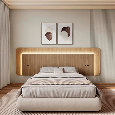 Cabeceira Casal Queen 272cm com LED 3000k e Tomadas 100% MDF Padrão Planejados Mabel