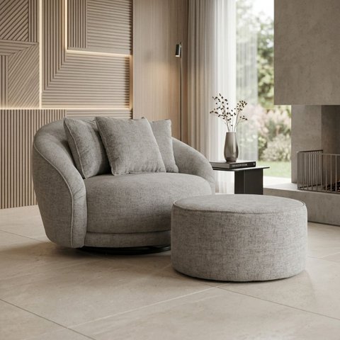 Poltrona Giratoria com Puff Moderna Orgânica em Boucle Premiun Italiano Cinza Confortável Anatômica 