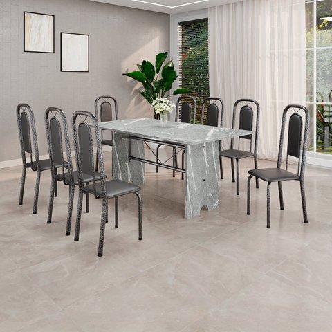 Conjunto Sala de Jantar com 8 Cadeiras Lara Prata/Preto