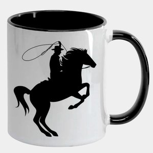 Caneca Branca com Interna Preta Y5 Boiadeiro Montando Laco Desenho Umbanda