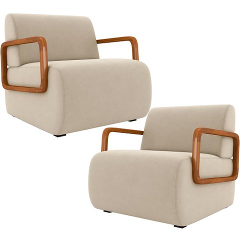 Kit 02 Poltronas Decorativa Orgânica Bruxelas K01 Veludo Bege - Lyam Decor