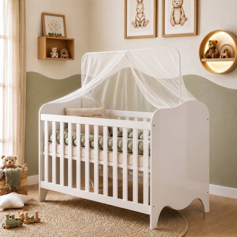 Berço Mini Cama com Colchão e Suporte Mosquiteiro Nuvem Compact 100% MDF