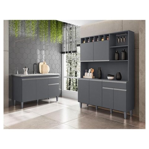 Balcão de Pia Tatiane 120 Cm e Armário Cozinha Kit Alice Ambiente Cinza Fosco - Ajl