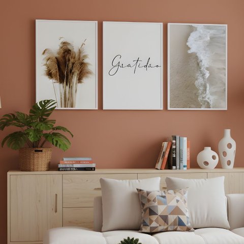 Kit 3 Quadros Boho Bege Mar Gratidão Moldura Branca