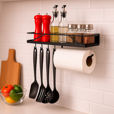 Suporte de Cozinha Organizador Prateleira Parede com Gancho Porta Guardanapo Preto