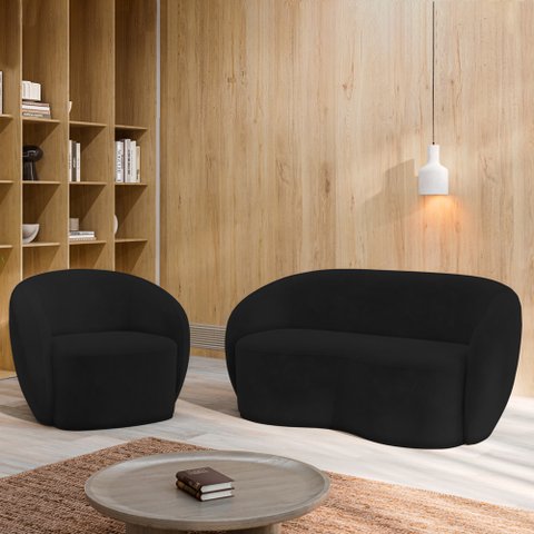 Conjunto 1 Sofá Living 180cm e 1 Poltrona Decorativa Sala de Estar Íbis Encosto Fixo Veludo Preto G3