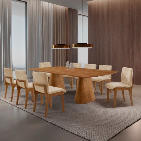 Sala de Jantar Mesa Noronha 220cm Tampo Laminado Barril com 8 Cadeiras Bella
