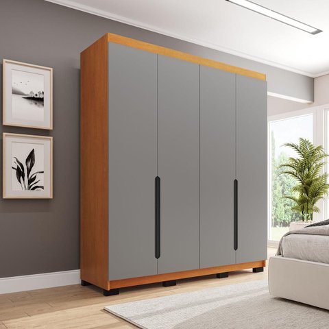 Roupeiro Solteiro Madri 4 Portas 4 Gavetas 161x214cm Cinza/Freijó 250701