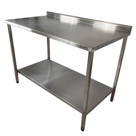 Mesa de Aço Inox Industrial 140x70x90 Cm com 1 Prateleira Plano Liso com Espelho Nortinox Stander