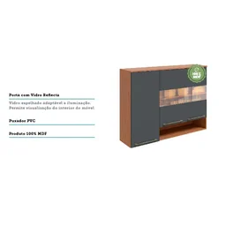 Armário Aéreo de Cozinha 120cm com 3 Portas Vidro Reflecta e Nicho 100% MDF Itália - 4