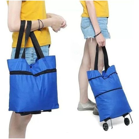 Carrinho Compras Dobrável Sacola Rodinha Multiuso - Azul
