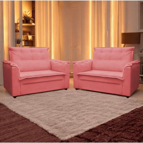 Kit 02 Sofás 2 Lugares Namoradeira Marrocos 1,40m Sala de Tv Estar Recepção Suede Rose Mabe
