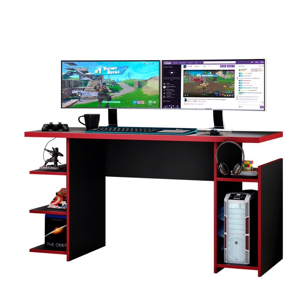 Mesa Gamer Escrivaninha Para Computador Home Office Nicho CPU 3 Prateleiras Quarto Preta e Vermelha - 5