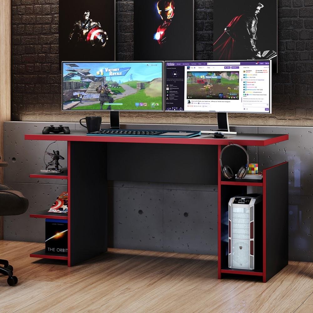 Mesa Gamer Escrivaninha Para Computador Home Office Nicho CPU 3 Prateleiras Quarto Preta e Vermelha