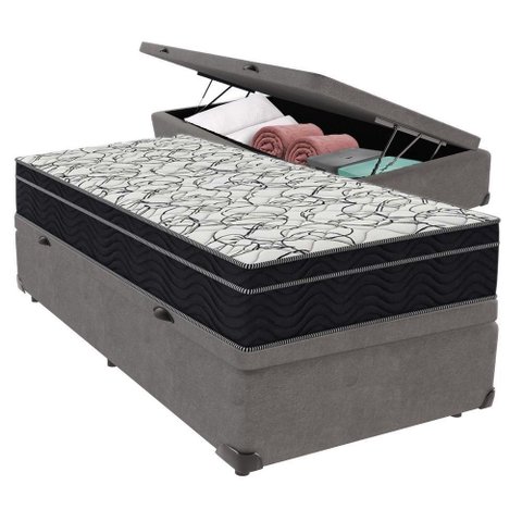 Cama + Box com Bau Solteiro Colchão Extra Firme Airtech Ortobom D45 Cinza