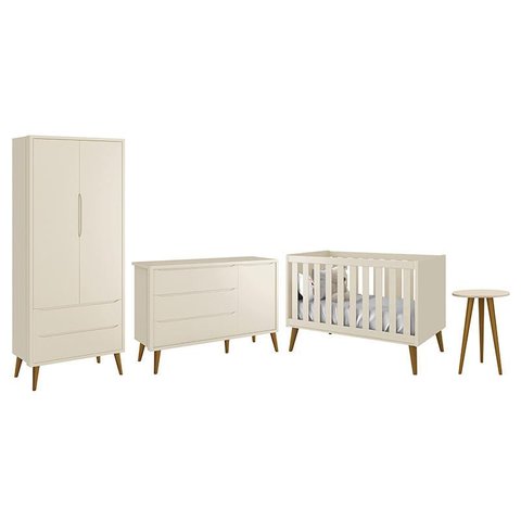 Dormitório Infantil Theo Retrô 2 Portas, Cômoda 1 Porta, Berço e Mesa de Apoio Areia Fosco com P