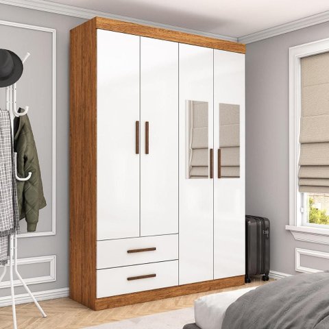 Guarda-Roupa Solteiro Siena 4 Portas 2 Gavetas com Espelho Multimóveis CR35555 Cinamomo/Branco