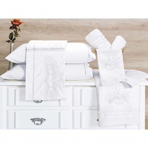 Jogo de Cama Casal Queen Topázio Bordado 04 Peças Percal 200 Fios 100% Algodão - Branco