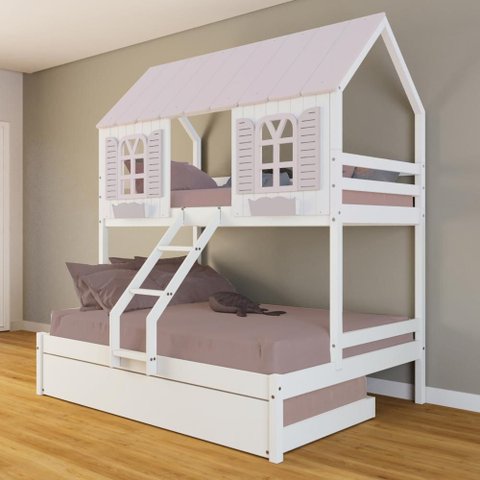 Treliche Casal/ Solteiro Casinha Bela - Madeira Maciça Branco/rosa | Housin