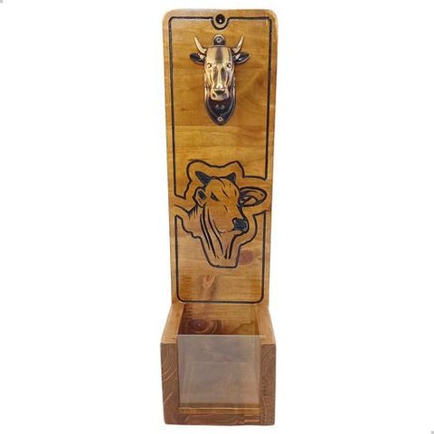 Abridor de Garrafas Entalhado Boi com Caixa para Tampinhas:marrom