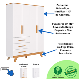 Quarto Bebê Retrô Completo com Guarda Roupa 4 Portas Berço Mini Cama Cômoda 4 Gavetas 100% Mdf - 7