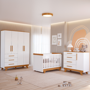 Quarto Bebê Retrô Completo com Guarda Roupa 4 Portas Berço Mini Cama Cômoda 4 Gavetas 100% Mdf