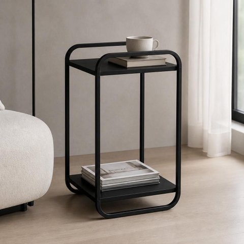 Mesa Lateral para Sala de Estar 40cm Orgânica Industrial Alek A03 Nero Preto - Lyam Decor