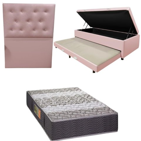 Bicama Box Baú com Colchão de Espuma Orthopedic + Cabeceira Botonê - Solteiro - Corino Rosa