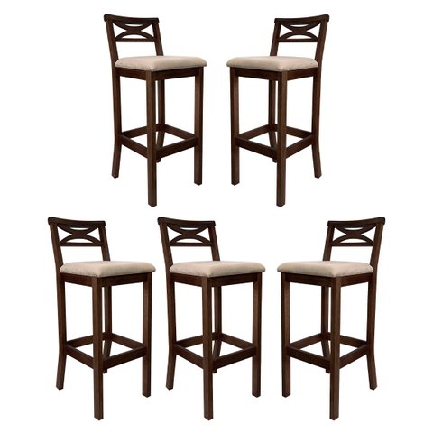 Kit 5 Banquetas Alta Estofada para Bancada Madri Madeira Capuccino Suede Bege Ccs