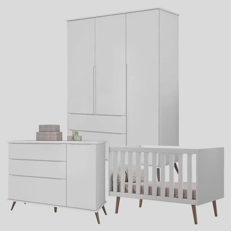 Quarto Completo Melinda Branco Retro 3 Portas, Cômoda 1 Porta e Berço Qencanto Phoenix Baby - 1