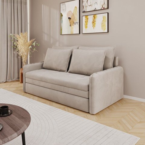 Sofá Cama 2 Lugares Retrátil Luven D28 4 Almofadas Soltas:Suede Bege Claro