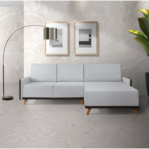 Sofá 4 Lugares com Chaise Lado Direito 258cm Corino Geribá Cinza Claro/Preto