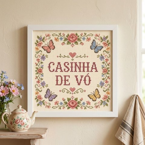 Quadro Casinha de Vó 33x33cm Mold Branca Vidro