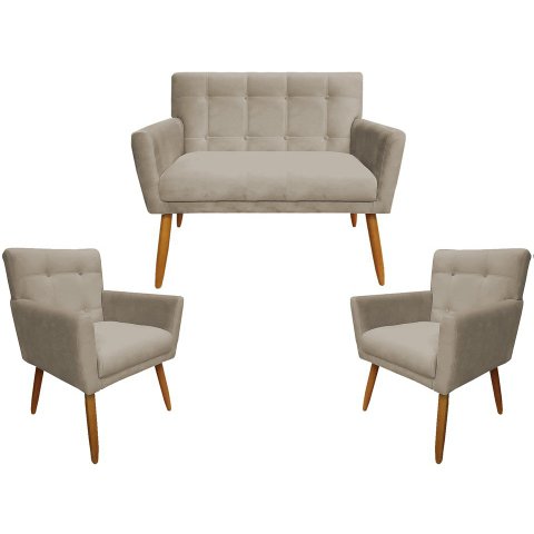 Kit Namoradeira + 2 Poltronas Decorativa Onix Suede Bege Pés Madeira Mz Decor