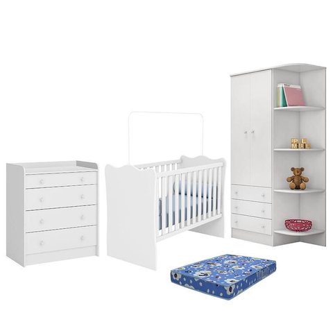 Dormitório Infantil Doce Sonho 2 Portas, Cômoda Trocador e Berço Branco com Colchão - Qmovi