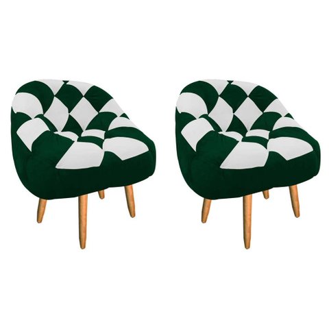 Kit 02 Poltrona Paloma Escritório Sala Pé Palito Suede Verde e Suede Branco - Dominic Decor
