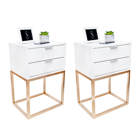 Kit 2 Mesas de Cabeceira Industrial Off White 50cm com 2 Gavetas Base Dourada - Enviamos Montado