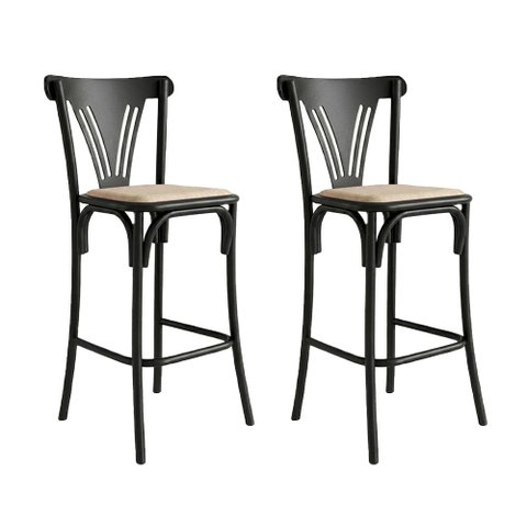 Kit 2 Banquetas Altas Paris em Aço Preto para Cozinha e Bancada Gourmet com Assento Corano - Bege