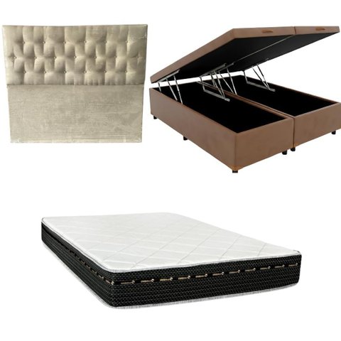 Cama Box Baú Bipartida Blindada + Colchão Eagle Molas Bonnel 22cm | Kit Completo com Cabeceira Boton